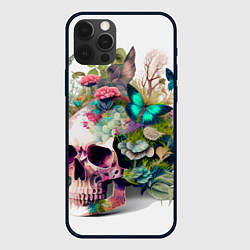 Чехол для iPhone 12 Pro Красивый череп с листьями и бабочками, цвет: 3D-черный