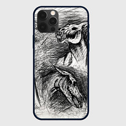 Чехол для iPhone 12 Pro Черепа лошадей - эскиз, цвет: 3D-черный