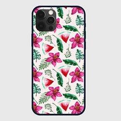Чехол для iPhone 12 Pro Арбузы, цветы и тропические листья, цвет: 3D-черный