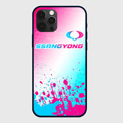 Чехол для iPhone 12 Pro SsangYong neon gradient style: символ сверху, цвет: 3D-черный