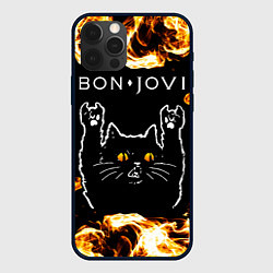Чехол для iPhone 12 Pro Bon Jovi рок кот и огонь, цвет: 3D-черный