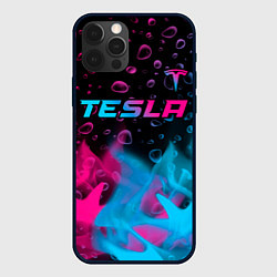 Чехол для iPhone 12 Pro Tesla - neon gradient: символ сверху, цвет: 3D-черный