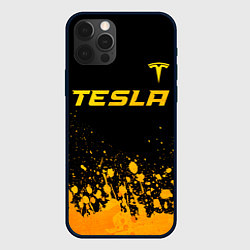 Чехол для iPhone 12 Pro Tesla - gold gradient: символ сверху, цвет: 3D-черный