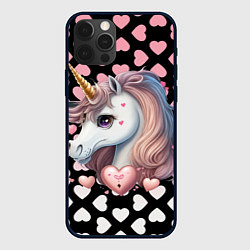 Чехол для iPhone 12 Pro Розовый единорог с сердечками, цвет: 3D-черный