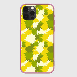 Чехол для iPhone 12 Pro Желто-зеленый камуфляж, цвет: 3D-малиновый