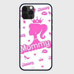 Чехол для iPhone 12 Pro Мамочка - силуэт барби: паттерн розовый на белом ф, цвет: 3D-черный