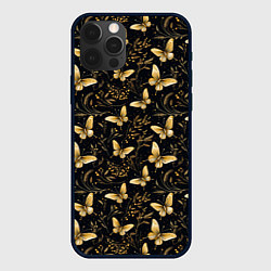 Чехол для iPhone 12 Pro Золотые бабочки на черном фоне, цвет: 3D-черный