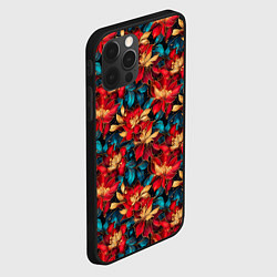 Чехол для iPhone 12 Pro Красные цветы с синими листьями узор, цвет: 3D-черный — фото 2