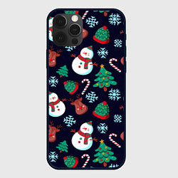 Чехол для iPhone 12 Pro Снеговички с рождественскими оленями и елками, цвет: 3D-черный