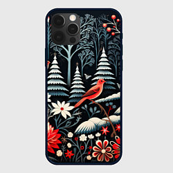 Чехол для iPhone 12 Pro Новогодний лес и птицы, цвет: 3D-черный