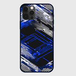 Чехол для iPhone 12 Pro Киберпанк линии белые и синие, цвет: 3D-черный