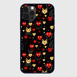Чехол для iPhone 12 Pro Паттерн с сердечками и котами валентинка, цвет: 3D-черный