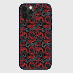 Чехол для iPhone 12 Pro Красные драконы на сером фоне, цвет: 3D-черный