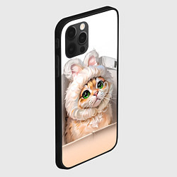 Чехол для iPhone 12 Pro Милый кот-мем в шапке с ушками - бежевый градиент, цвет: 3D-черный — фото 2