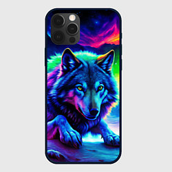 Чехол для iPhone 12 Pro Неоновый волк - северное сияние, цвет: 3D-черный