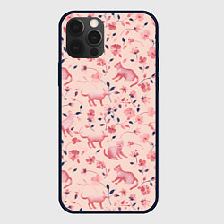 Чехол для iPhone 12 Pro Розовый паттерн с цветами и котиками, цвет: 3D-черный