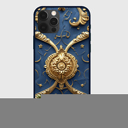 Чехол для iPhone 12 Pro Золотые узоры на синей ткани, цвет: 3D-черный