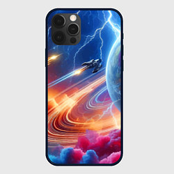 Чехол для iPhone 12 Pro Полёт к сатурну - нейросеть, цвет: 3D-черный