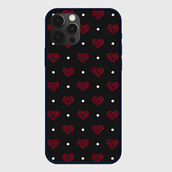 Чехол для iPhone 12 Pro Красные сердечки и белые точки на черном, цвет: 3D-черный