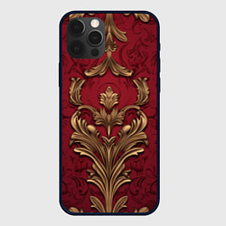 Чехол для iPhone 12 Pro Объемный золотой узор лепнины на красном текстурно, цвет: 3D-черный