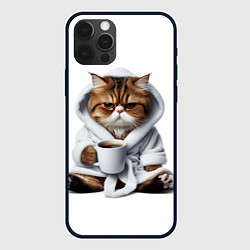 Чехол для iPhone 12 Pro Котик в халате и кофе, цвет: 3D-черный