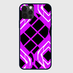 Чехол для iPhone 12 Pro Чёрные квадраты и белые полосы на фиолетовом фоне, цвет: 3D-черный