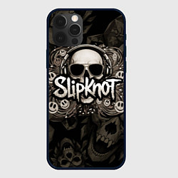 Чехол для iPhone 12 Pro Slipknot на фоне черепа в очках и наушниках, цвет: 3D-черный