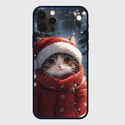 Чехол для iPhone 12 Pro Новогодний котик в зимнем лесу, цвет: 3D-черный