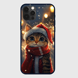 Чехол для iPhone 12 Pro Новогодний котик и фонари, цвет: 3D-черный