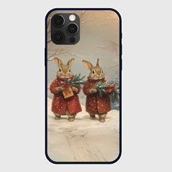 Чехол для iPhone 12 Pro Зайцы с новогодними подарками, цвет: 3D-черный