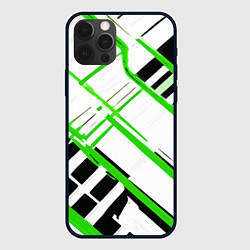 Чехол для iPhone 12 Pro Зелёно-чёрные полосы на белом фоне, цвет: 3D-черный
