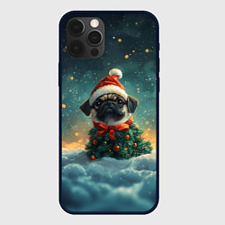 Чехол для iPhone 12 Pro Новогодний мопс в ветках елки, цвет: 3D-черный