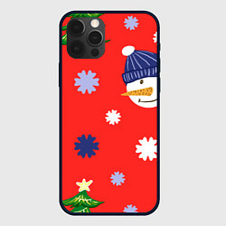 Чехол для iPhone 12 Pro Новогодний узор со снеговиком и снежинками, цвет: 3D-черный