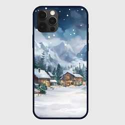 Чехол для iPhone 12 Pro Новый год - домики в горах, цвет: 3D-черный