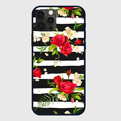 Чехол для iPhone 12 Pro Красные розы на черных полосках, цвет: 3D-черный