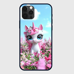 Чехол для iPhone 12 Pro Единорожка в цветочках, цвет: 3D-черный
