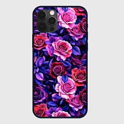 Чехол для iPhone 12 Pro Разноцветные цветы - синие розы паттерн, цвет: 3D-черный
