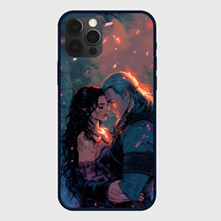 Чехол для iPhone 12 Pro Йеннифэр и Геральт и розовые лепестки, цвет: 3D-черный