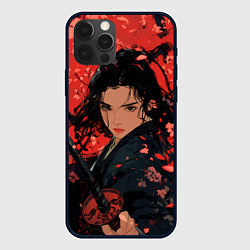 Чехол для iPhone 12 Pro Девушка самурай и сакура, цвет: 3D-черный
