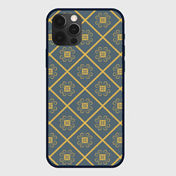 Чехол для iPhone 12 Pro Винтажный орнамент в ромбах синий с желтым, цвет: 3D-черный