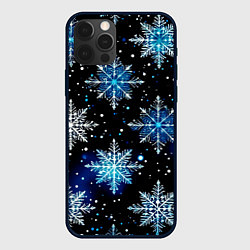 Чехол для iPhone 12 Pro Стилизованный чёрно-синий со снежинками, цвет: 3D-черный