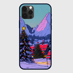 Чехол для iPhone 12 Pro Новогодние елки в горном городке, цвет: 3D-черный