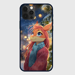 Чехол iPhone 12 Pro Рыжая лошадка на фоне Нового года