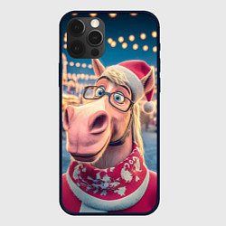Чехол для iPhone 12 Pro Новогодний конь в очках, цвет: 3D-черный