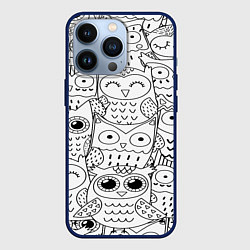 Чехол для iPhone 13 Pro Совушки: узор, цвет: 3D-тёмно-синий