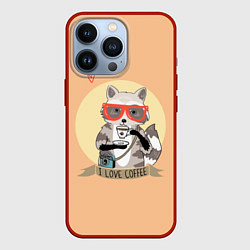 Чехол для iPhone 13 Pro Raccoon Love Coffee, цвет: 3D-красный