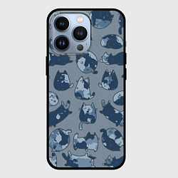 Чехол для iPhone 13 Pro Камуфляж с котиками серо-голубой, цвет: 3D-черный
