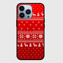 Чехол для iPhone 13 Pro Красный узор с оленями, цвет: 3D-черный