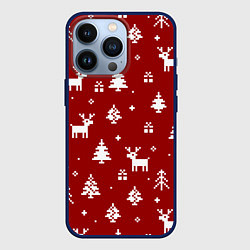 Чехол для iPhone 13 Pro Новогодние олени и елки на красном фоне, цвет: 3D-тёмно-синий