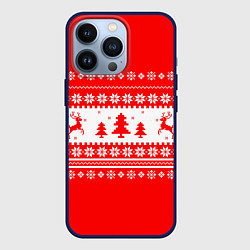 Чехол для iPhone 13 Pro КРАСНО-БЕЛЫЙ СВИТЕР С ОЛЕНЯМИ, цвет: 3D-тёмно-синий